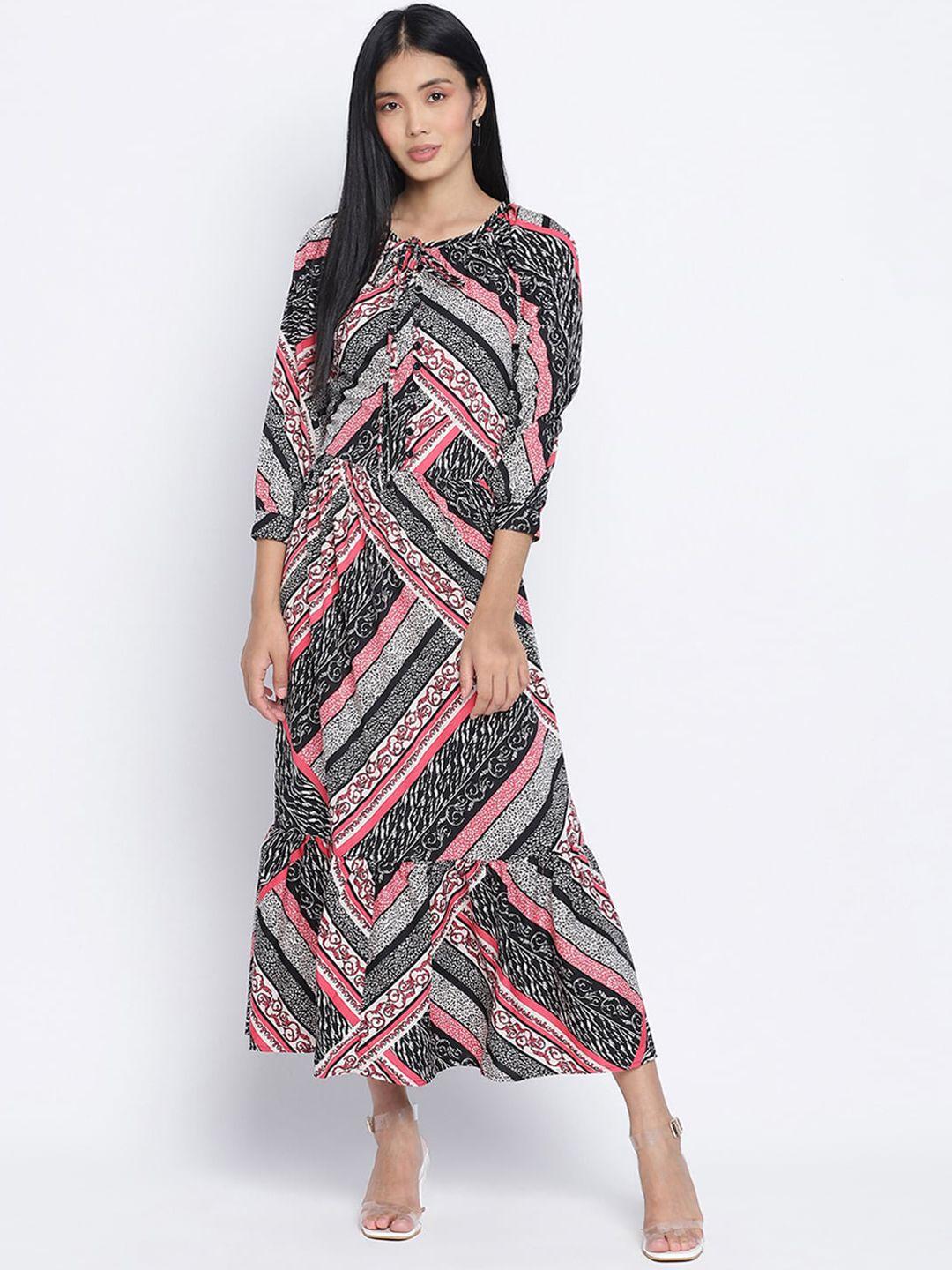 oxolloxo multicoloured ethnic motifs tie-up neck satin maxi dress