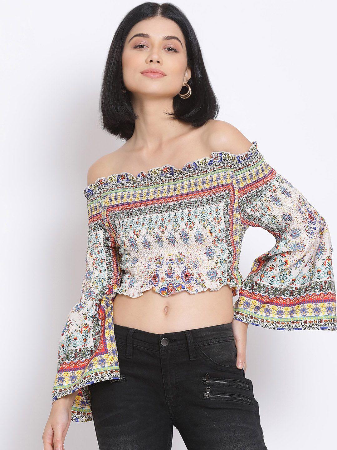 oxolloxo multicoloured printed off-shoulder kimono sleeves bardot crop top