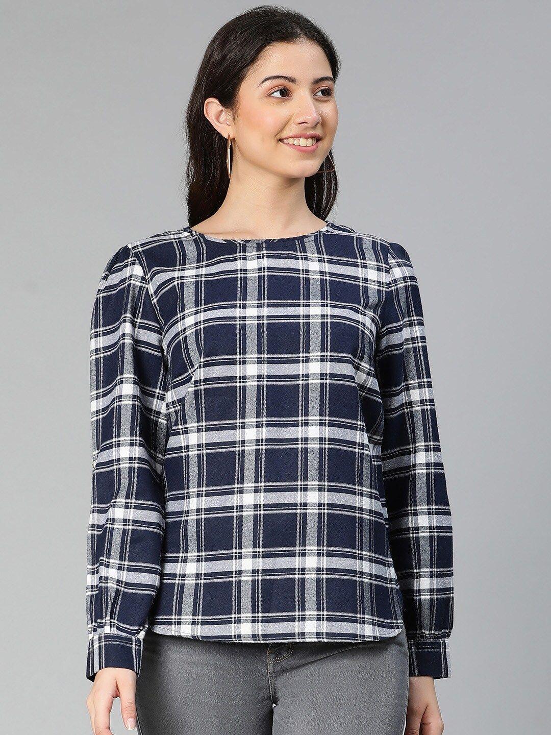 oxolloxo navy blue checked cuffed sleeve top