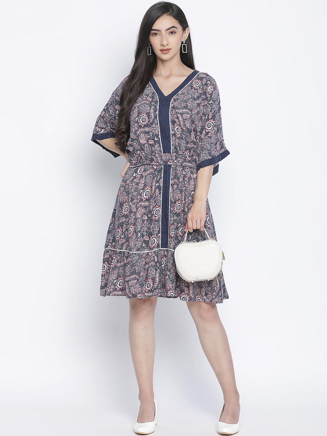 oxolloxo navy blue ethnic motifs crepe a-line dress