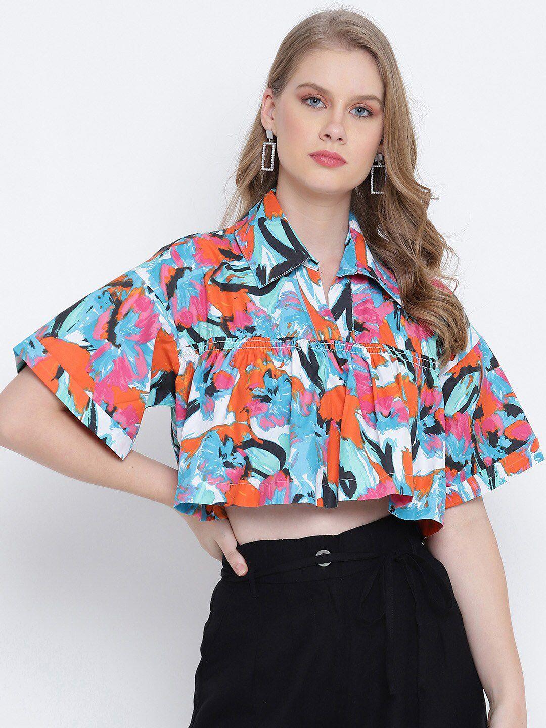 oxolloxo orange & blue linen boxy crop top