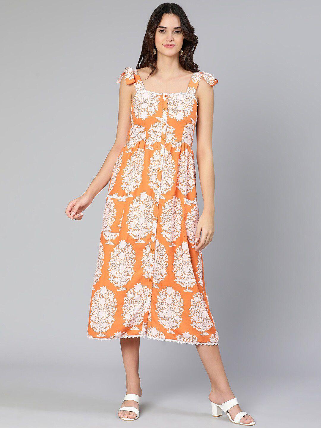 oxolloxo orange floral crepe a-line midi dress