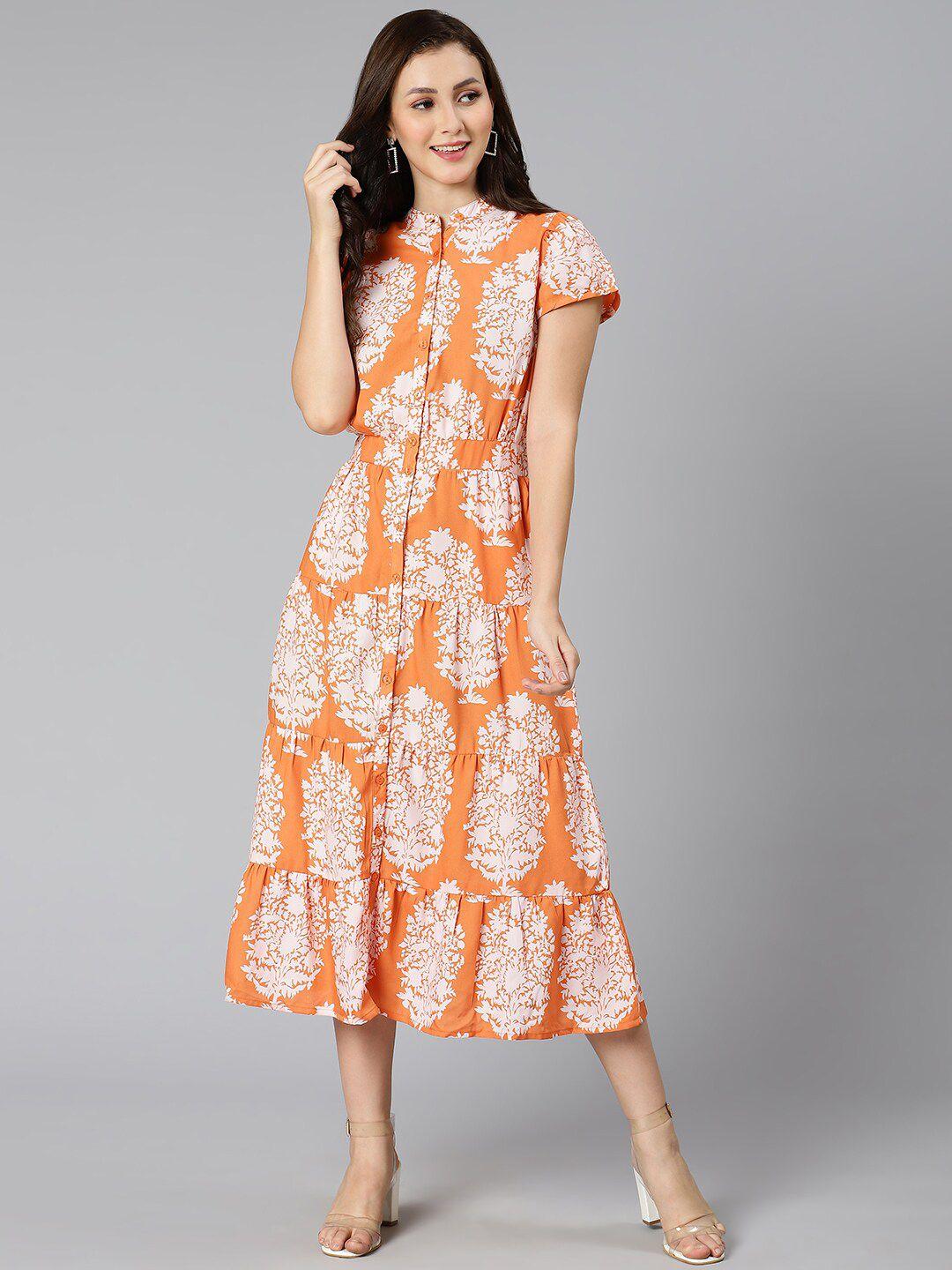 oxolloxo orange floral crepe a-line midi dress