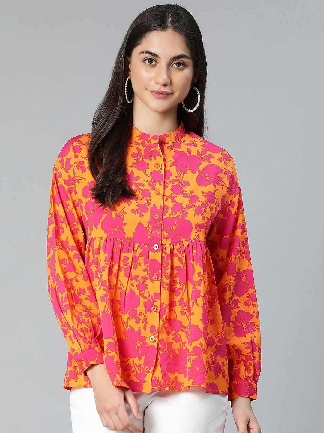 oxolloxo orange floral print mandarin collar top