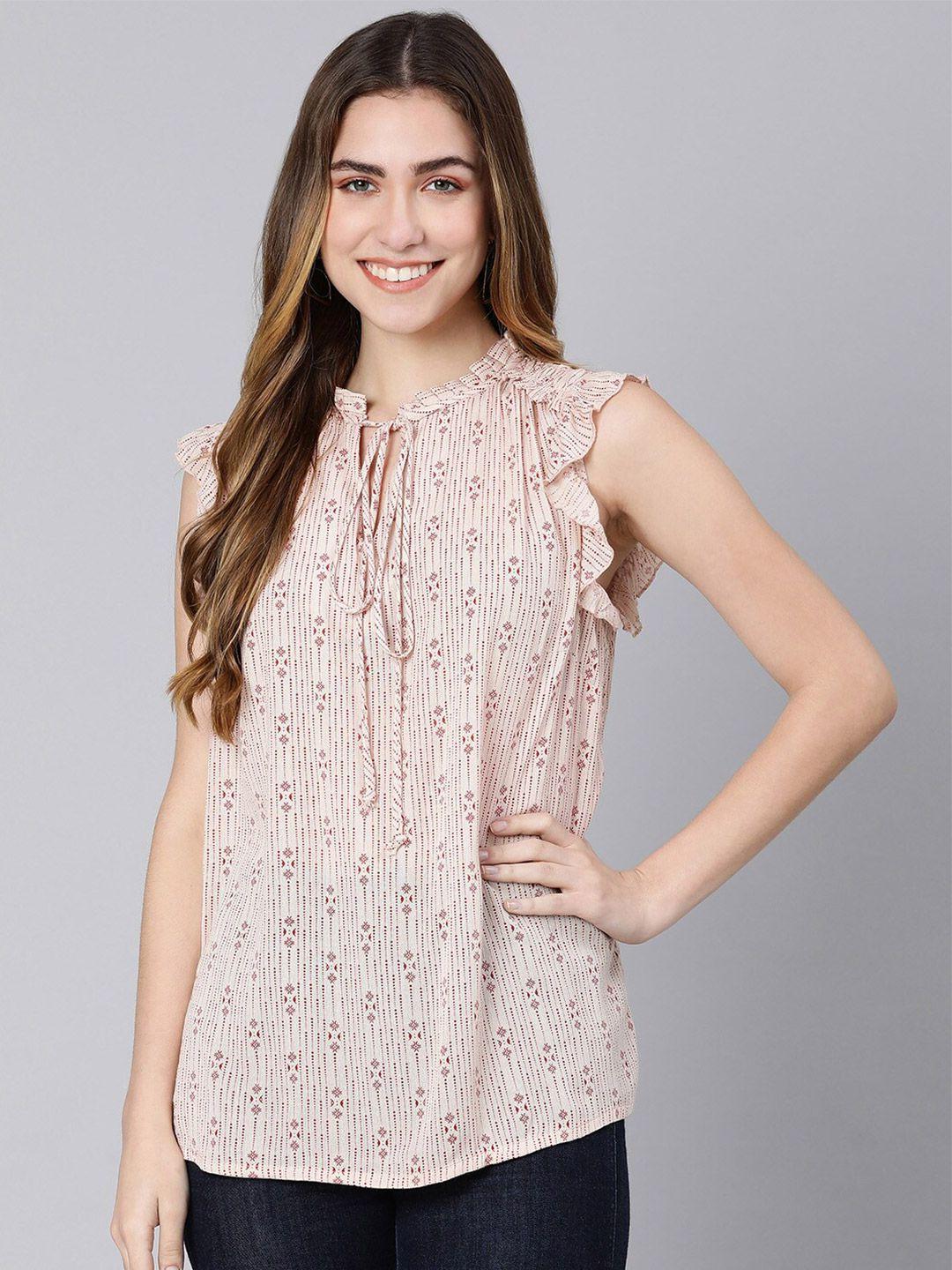 oxolloxo peach-coloured print tie-up neck ruffles crepe top