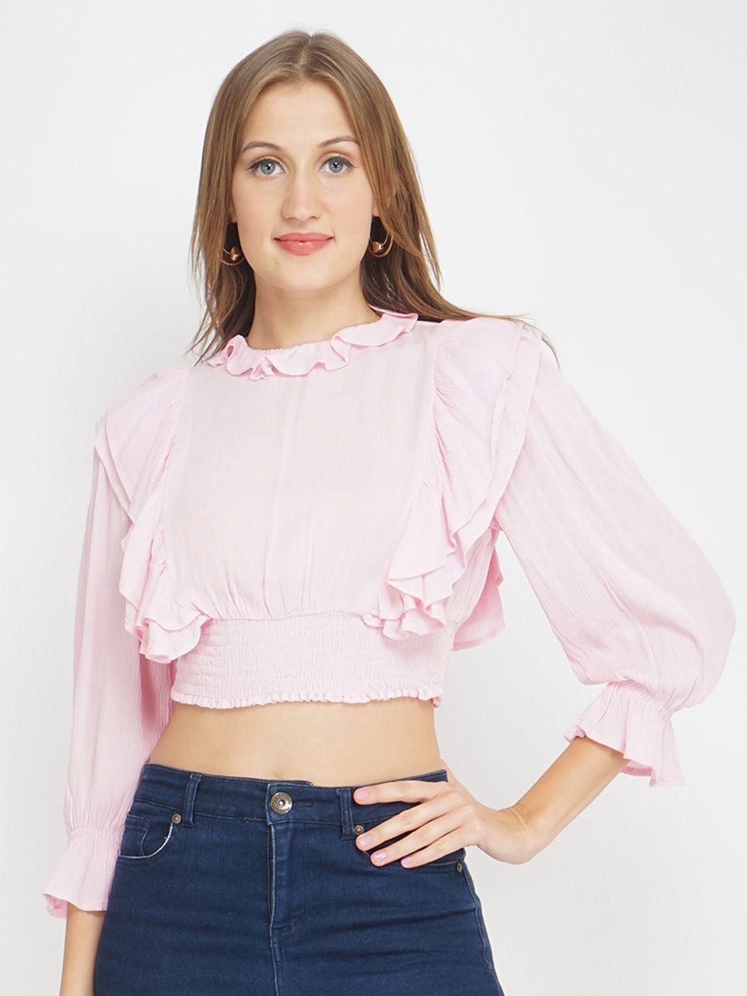 oxolloxo pink ruffles crepe styled back crop top
