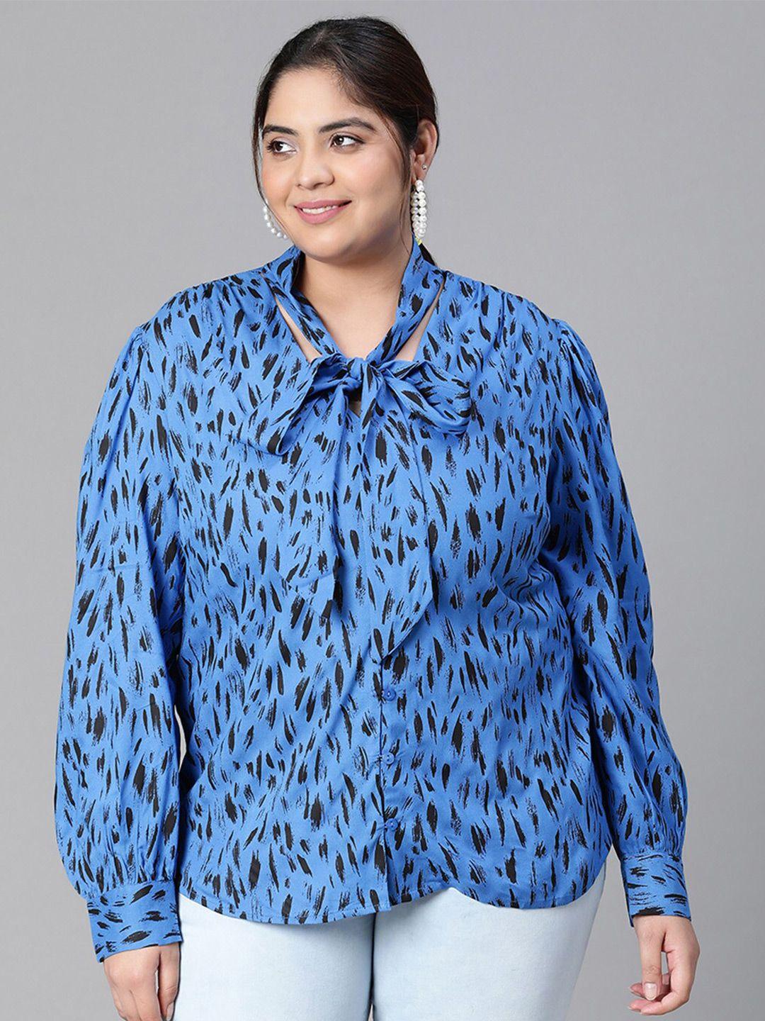 oxolloxo plus size animal printed tie-up neck cuffed sleeves top