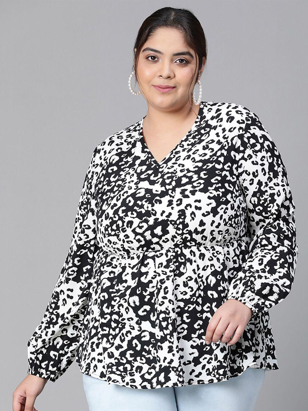 oxolloxo plus size animal printed v-neck long sleeves gathered regular top