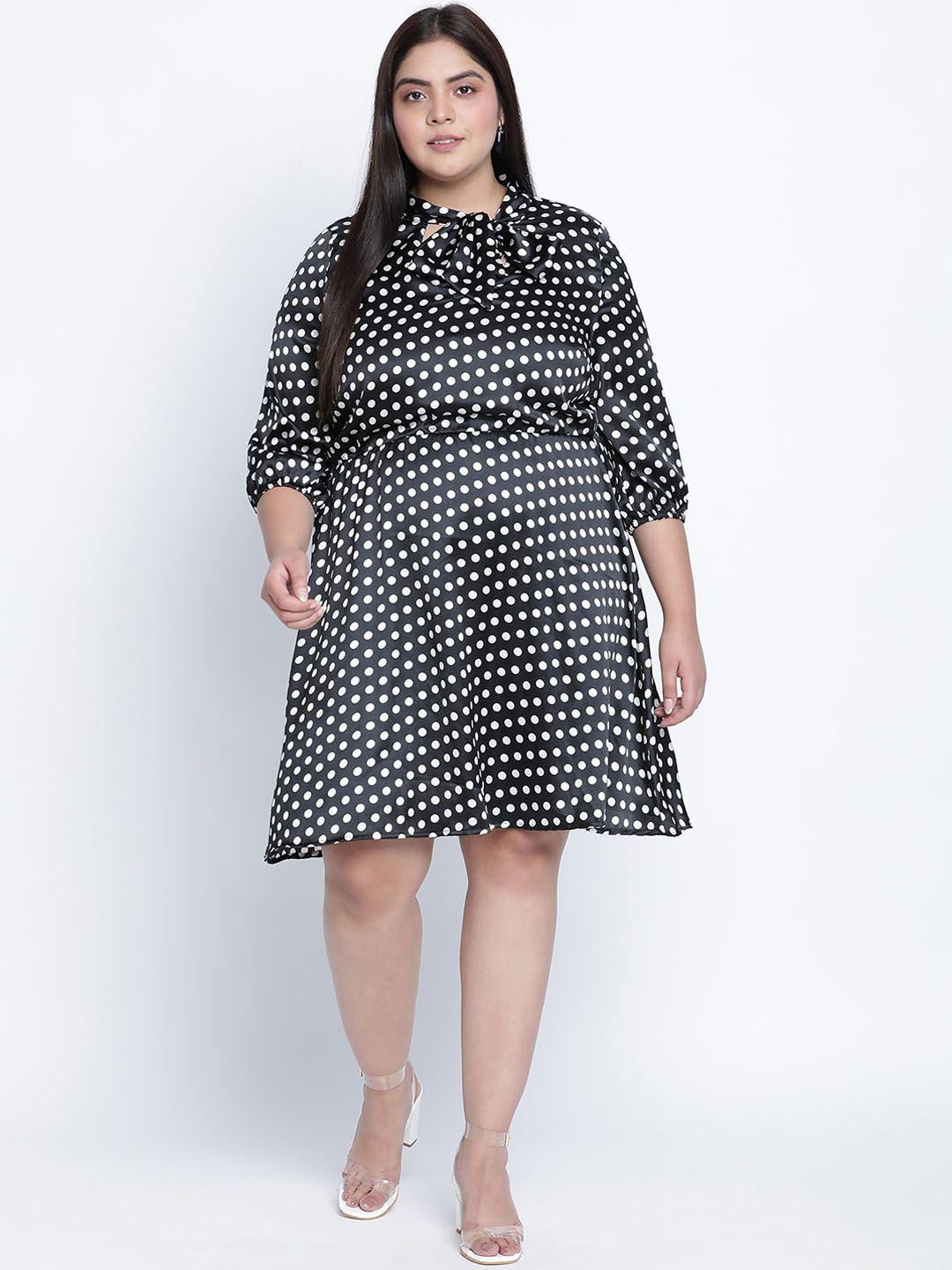 oxolloxo plus size black & white polka dots tie-up neck satin dress