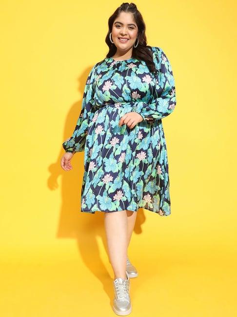 oxolloxo plus size blue floral print fit & flare dress