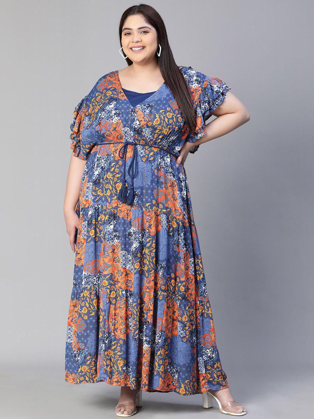 oxolloxo plus size floral printed flutter sleeves tie up detail crepe maxi dress
