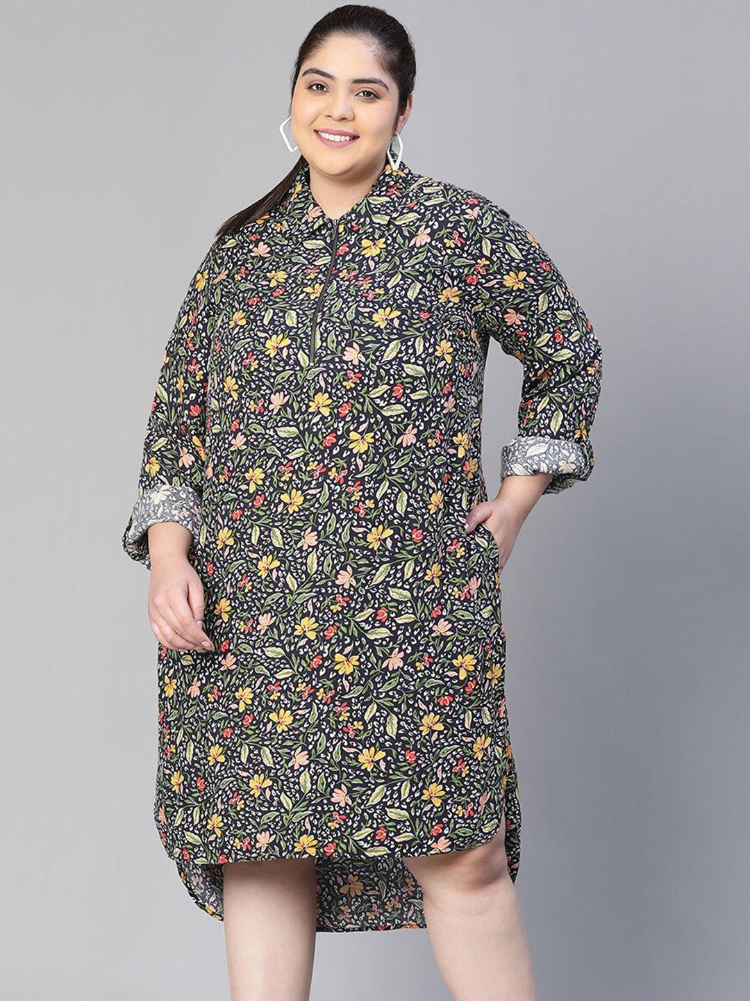 oxolloxo plus size floral printed shirt midi dress