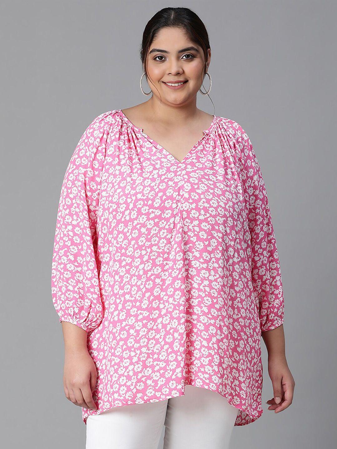 oxolloxo plus size floral printed v-neck puff sleeves longline a-line top