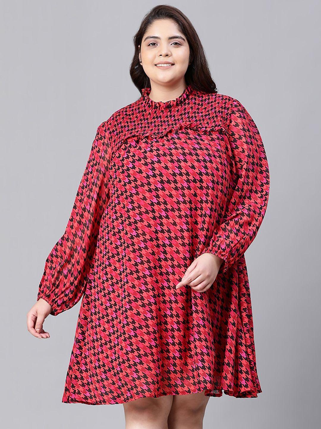 oxolloxo plus size geometric printed puff sleeve chiffon a-line dress