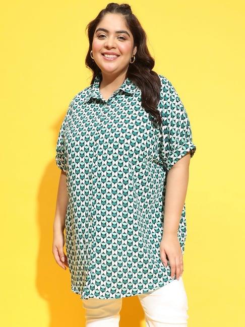 oxolloxo plus size green & white printed shirt