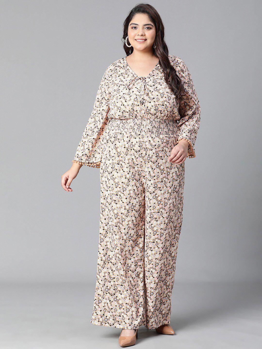 oxolloxo plus size printed tie-knot smocked basic jumpsuit