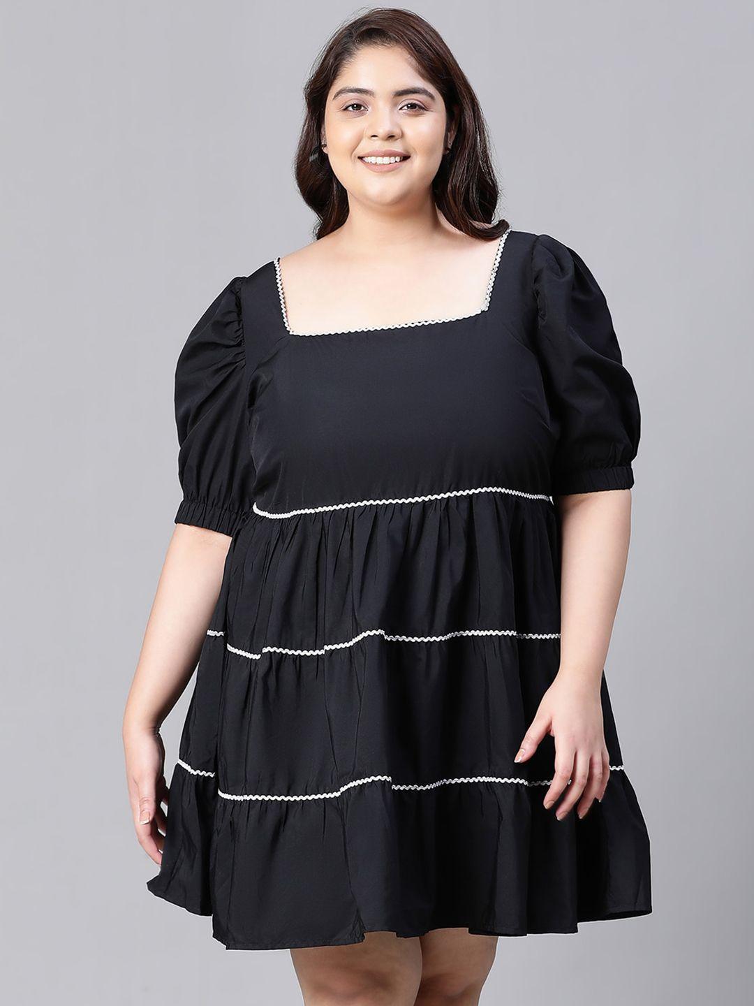 oxolloxo plus size square neck puff sleeves lace-up organic cotton fit & flare dress