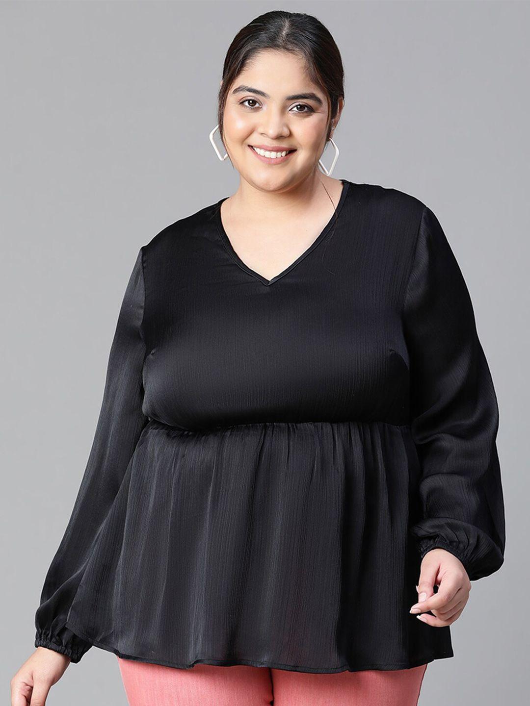 oxolloxo plus size v-neck puff sleeves satin peplum top