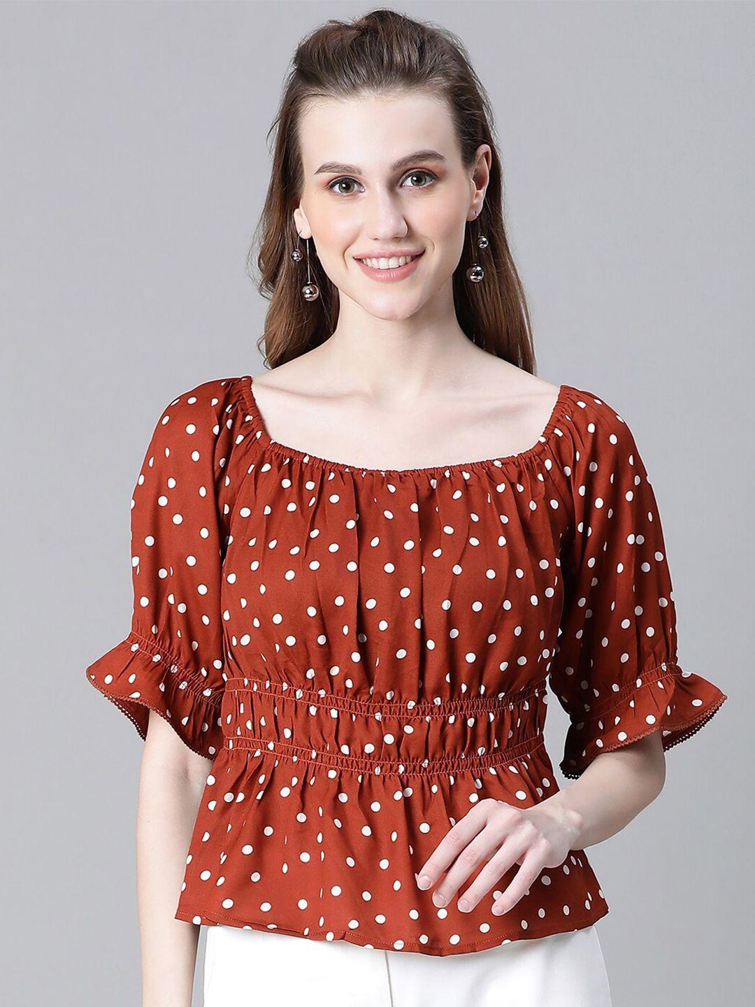 oxolloxo polka dot printed square neck bell sleeve cinched waist top