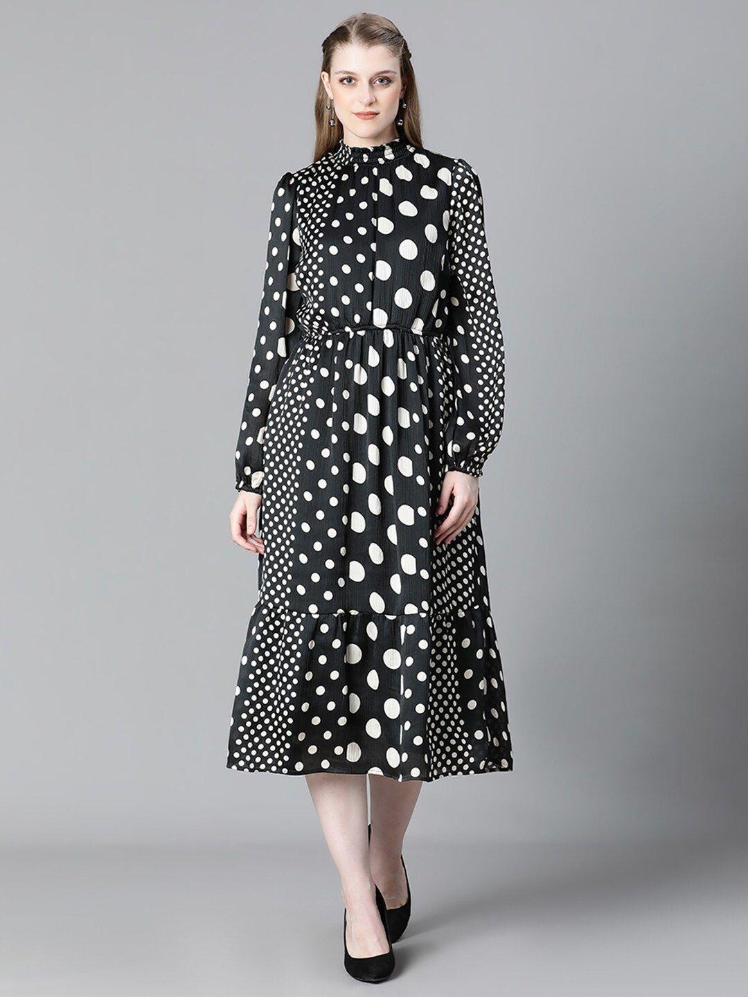 oxolloxo polka dots printed high neck puff sleeve monochrome georgette fit & flare dress