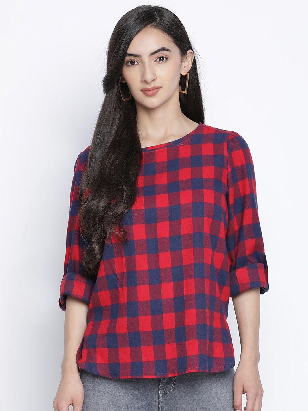 oxolloxo printed cotton round neck checked top