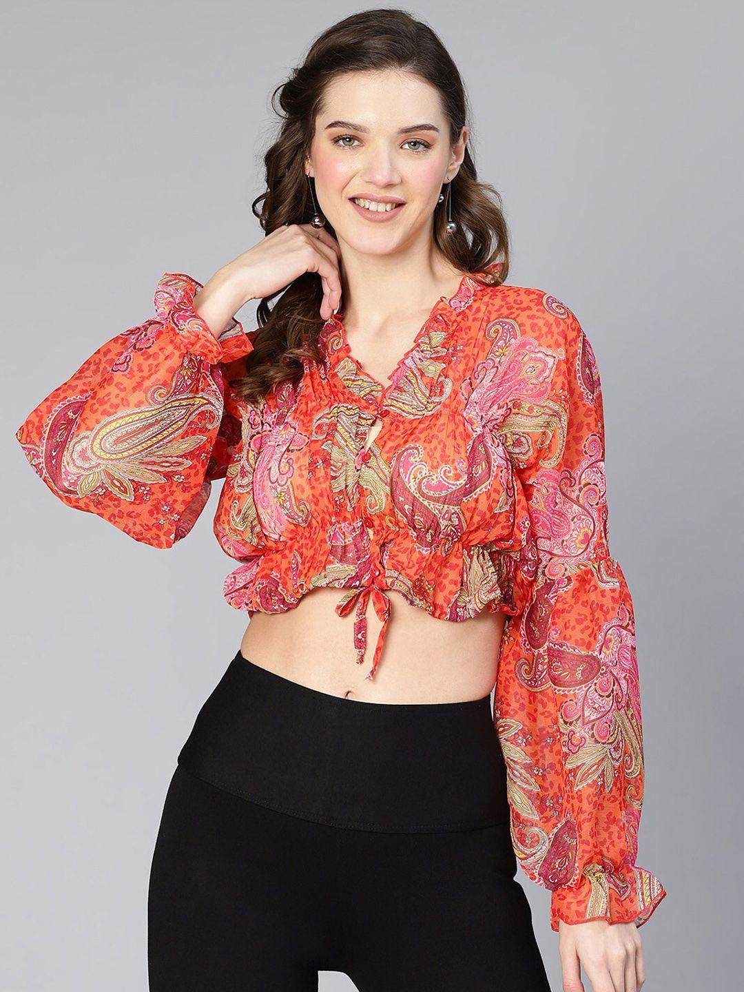 oxolloxo printed v-neck puff sleeve chiffon tie-knotted blouson crop top