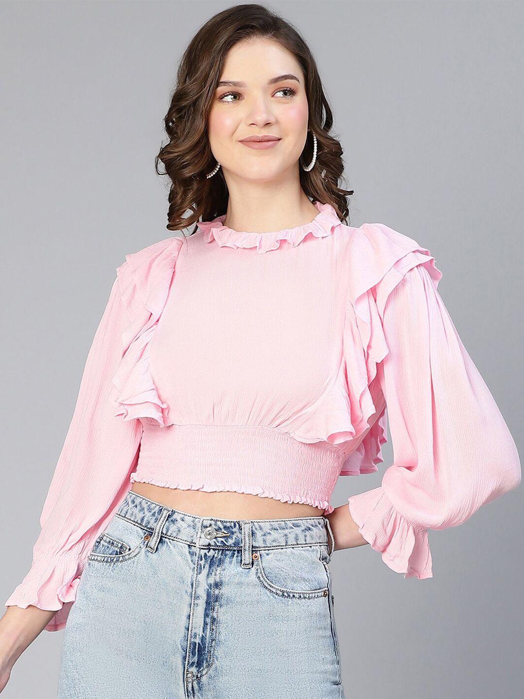 oxolloxo puff sleeve smocked crepe blouson crop top