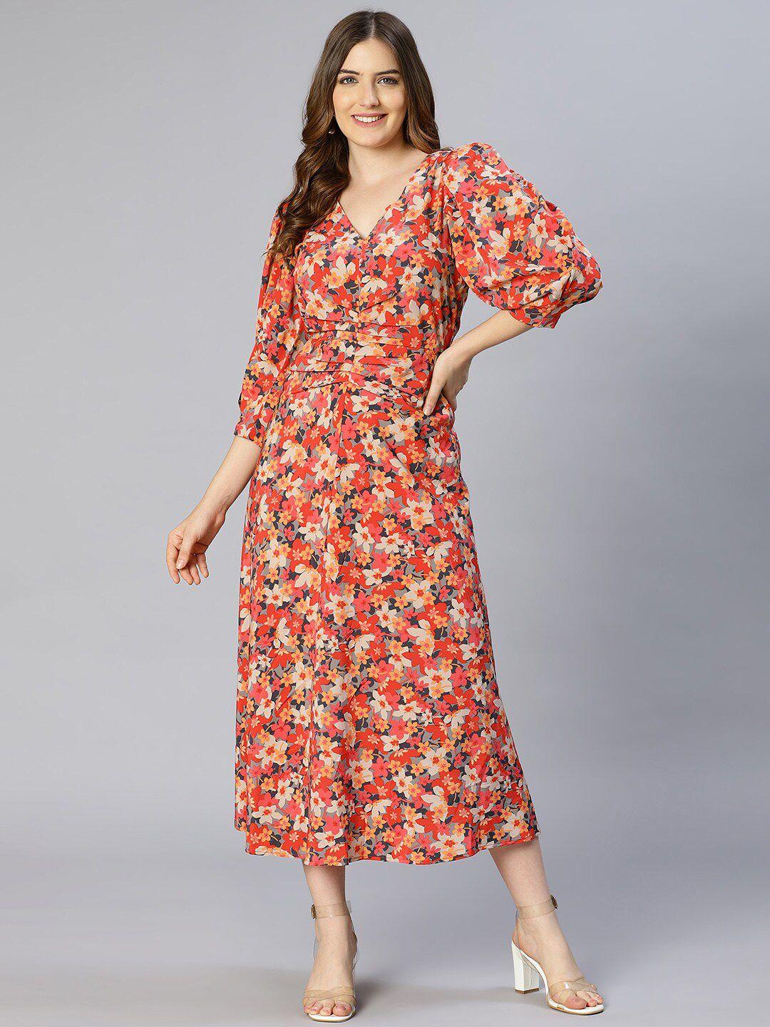oxolloxo red & cream floral satin pleated puff sleeves a-line midi dress