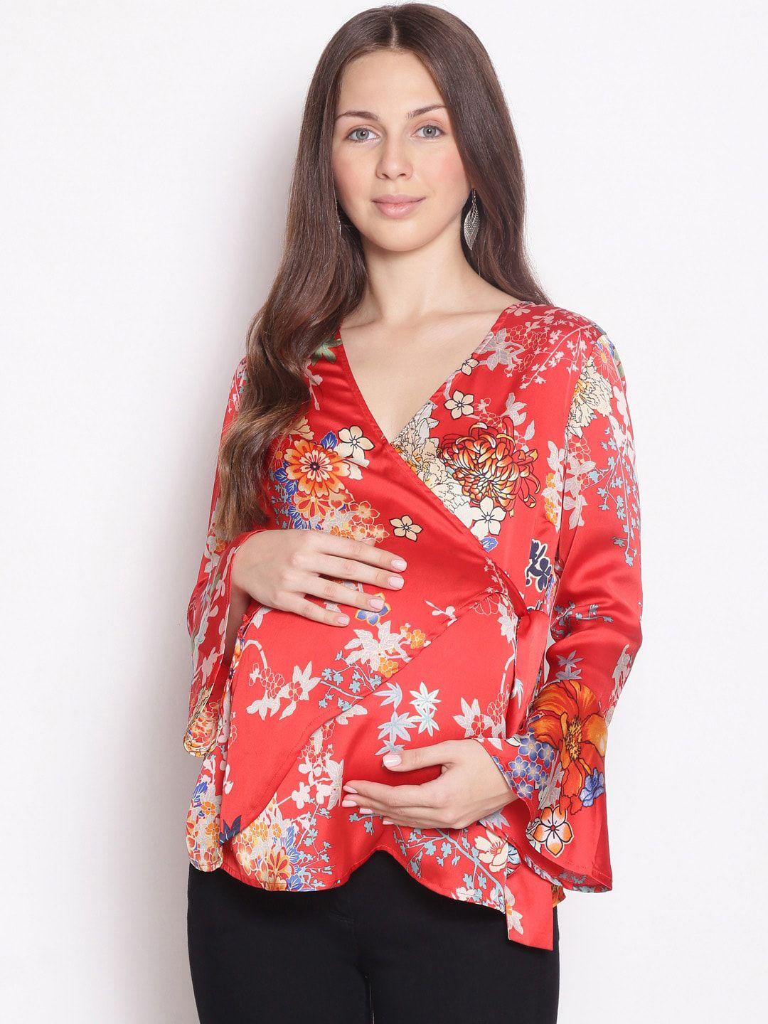 oxolloxo red floral flared sleeve maternity wrap top