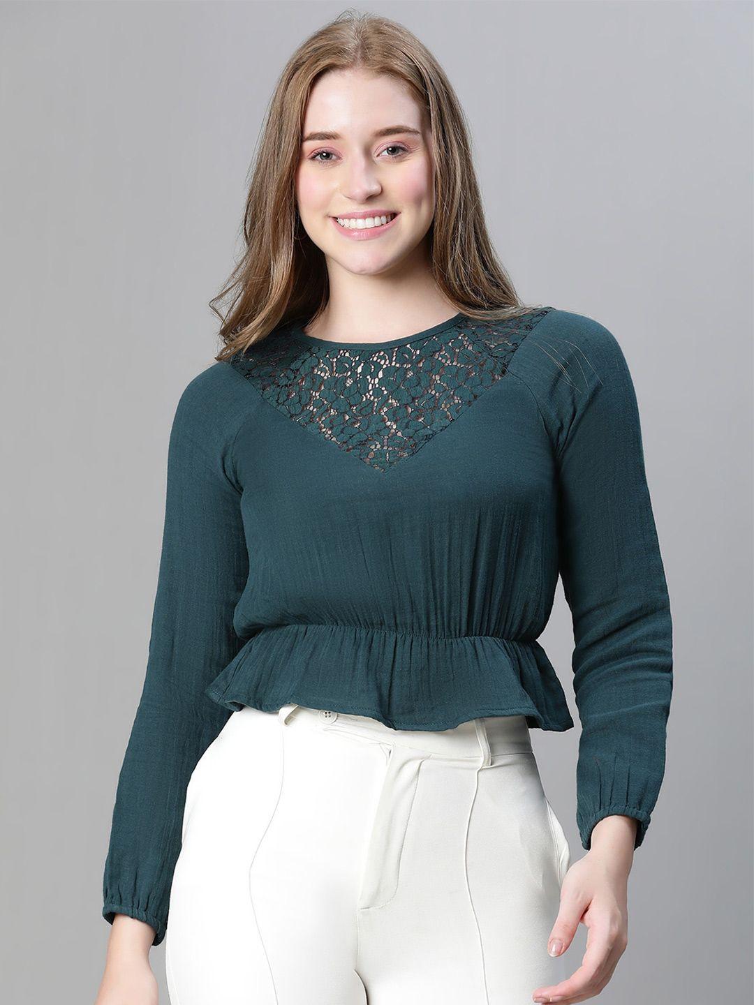 oxolloxo round neck cuffed sleeves lace-up pure cotton cinched waist crop top