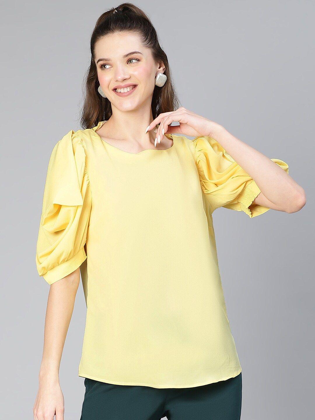 oxolloxo round neck puff sleeve regular crepe top