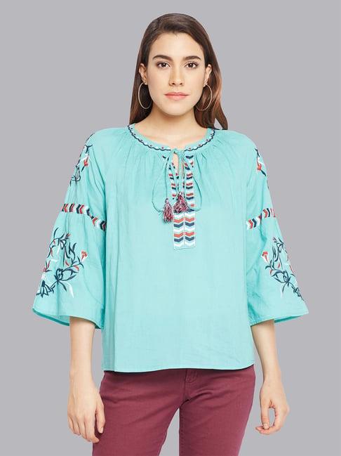 oxolloxo sea green cotton embroidered top