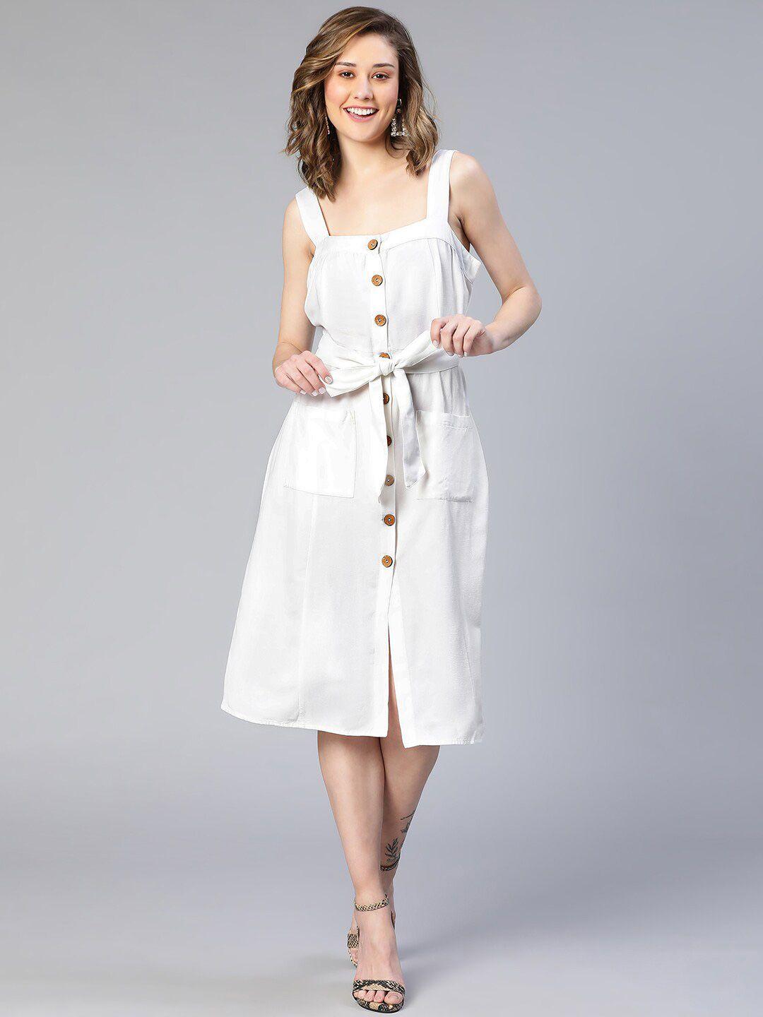 oxolloxo square neck linen cotton midi a-line dress with belt