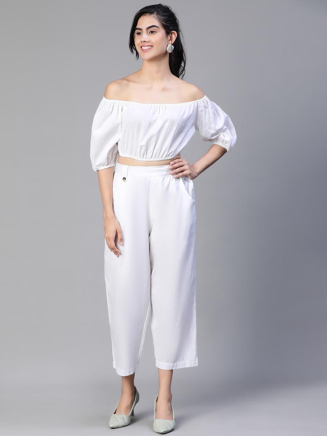 oxolloxo striped off-shoulder cotton crop top & trouser co-ord set