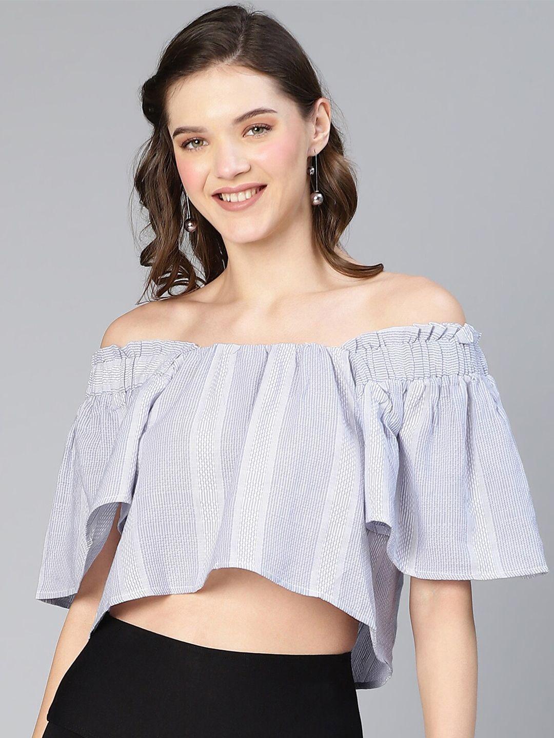 oxolloxo striped off-shoulder flared sleeve pure cotton bardot crop top