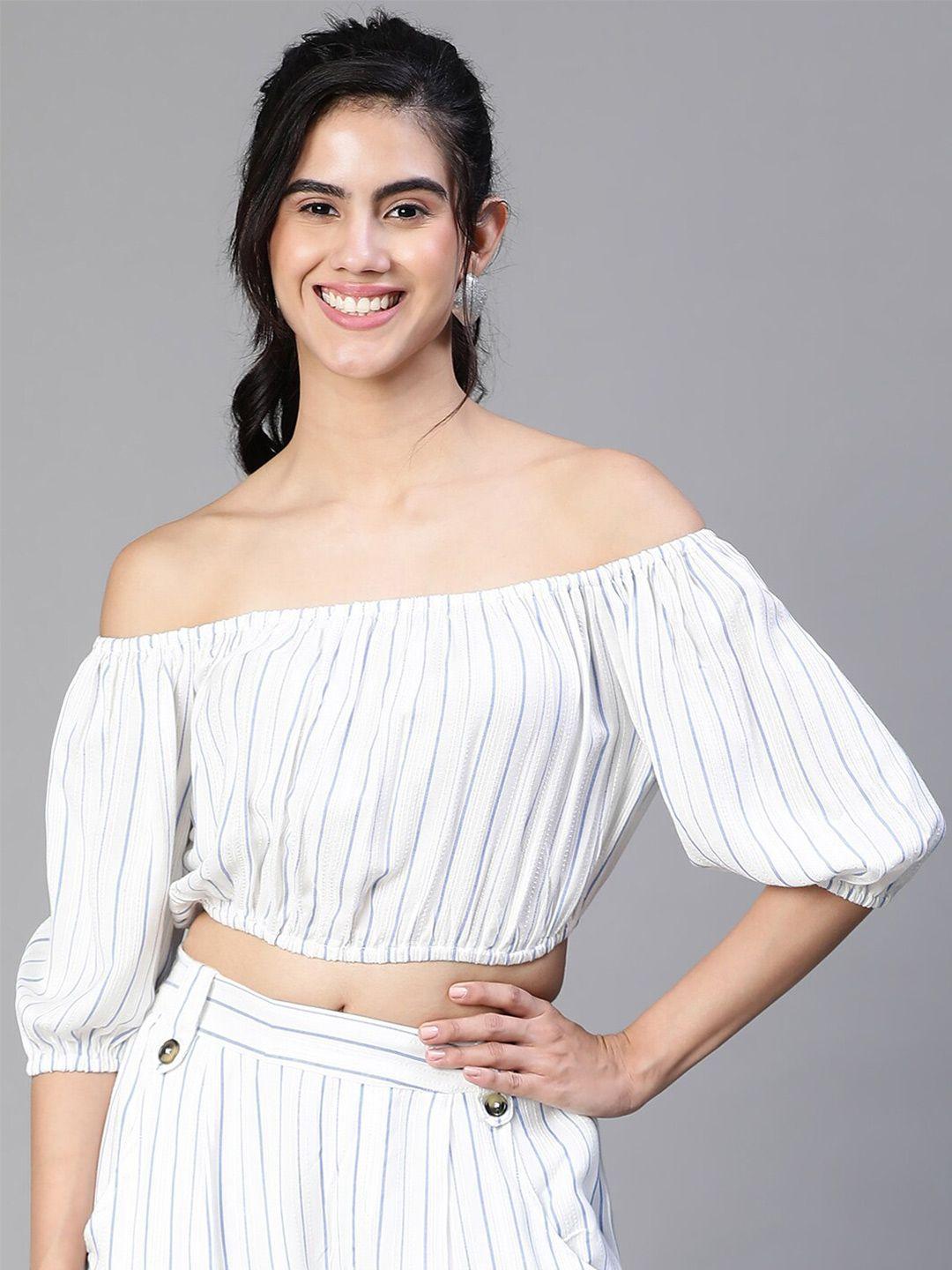 oxolloxo striped off-shoulder puff sleeve bardot crop top