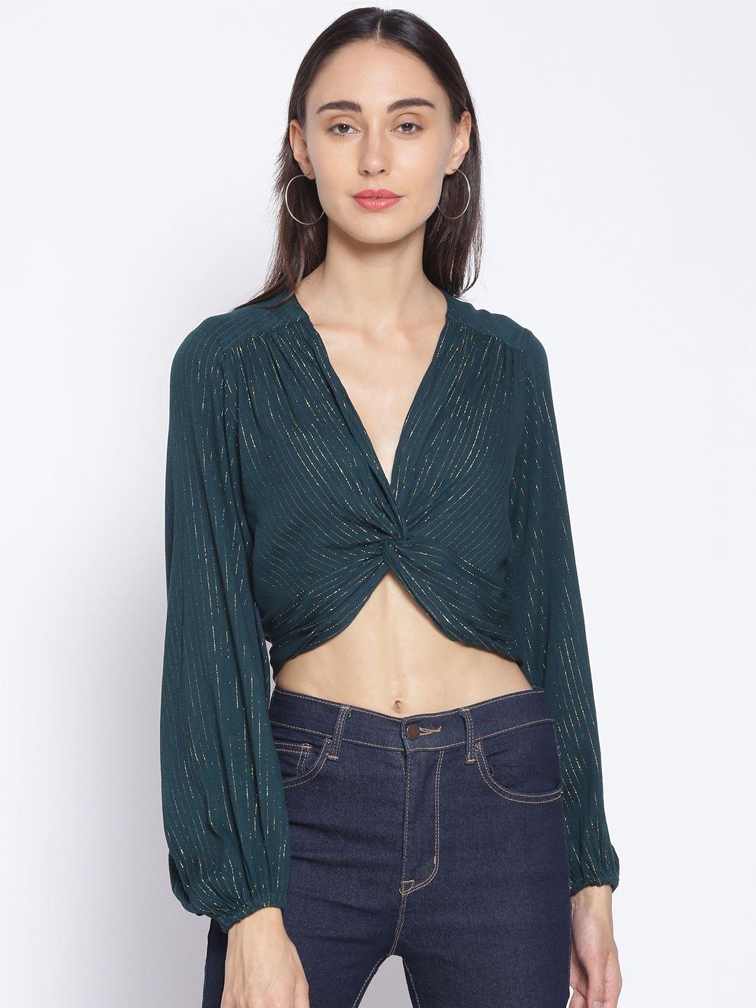 oxolloxo teal green striped twist knot crop top