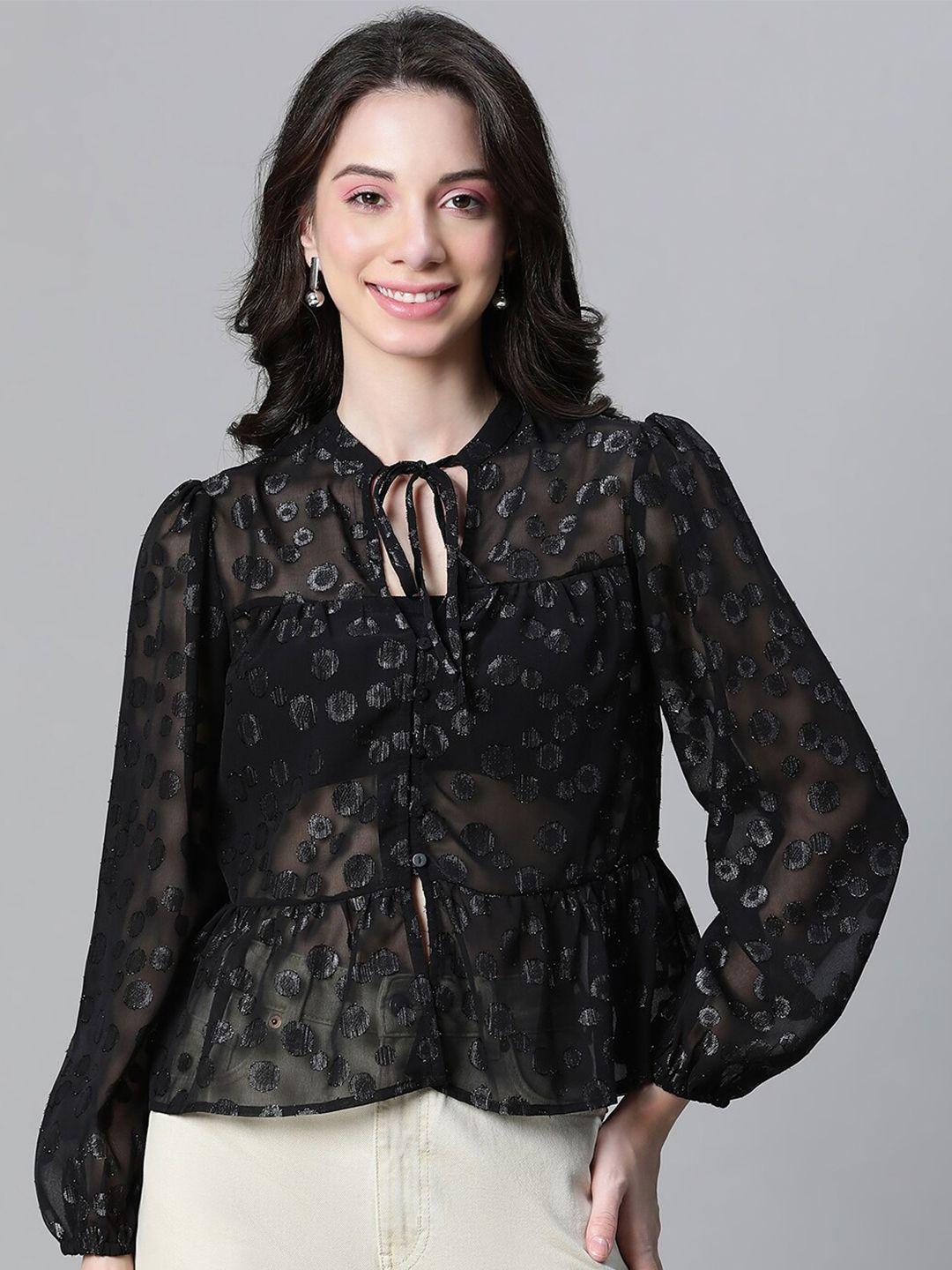 oxolloxo tie-up neck sheer blouson top