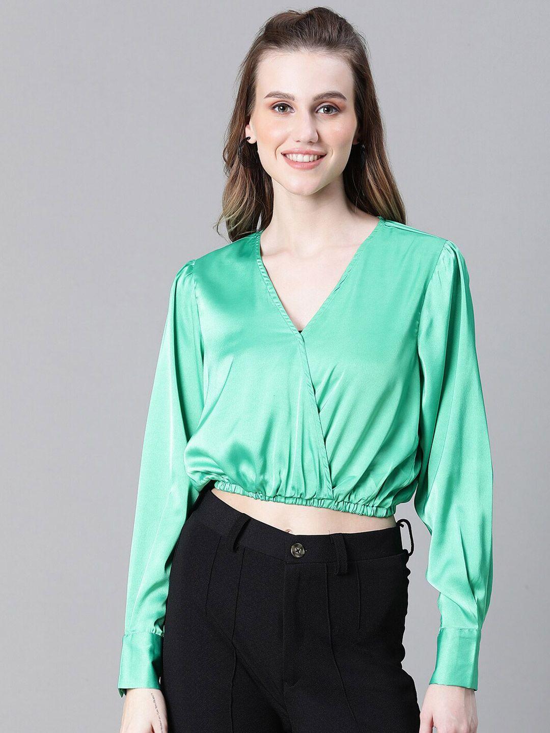oxolloxo v-neck cuffed sleeves wrap crop top