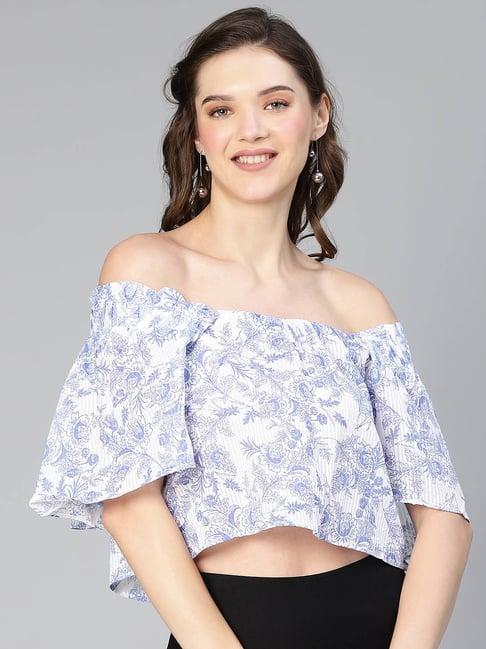 oxolloxo white & blue cotton floral print crop top