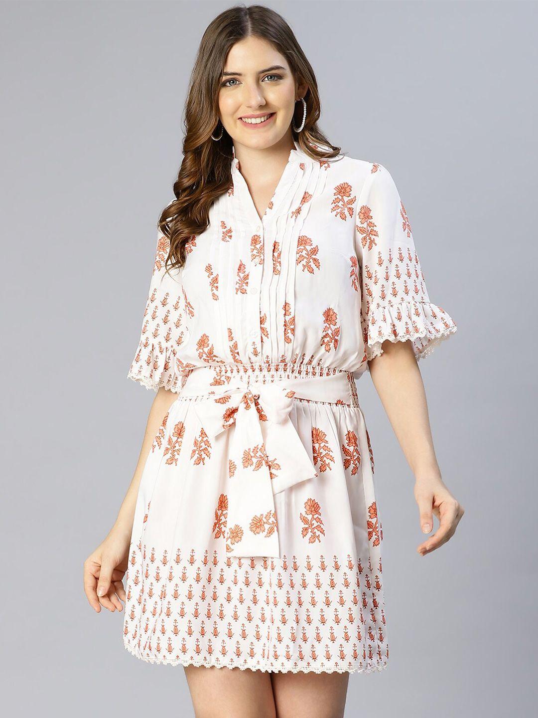 oxolloxo white & orange floral printed smocked shirt dress
