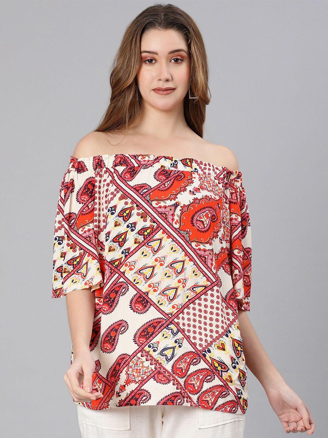 oxolloxo white & orange print off-shoulder crepe bardot top