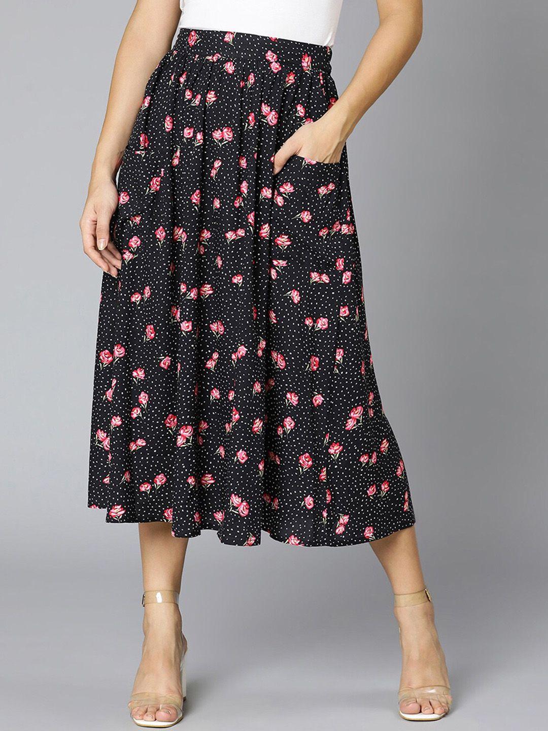 oxolloxo women black & pink floral printed a-line skirt