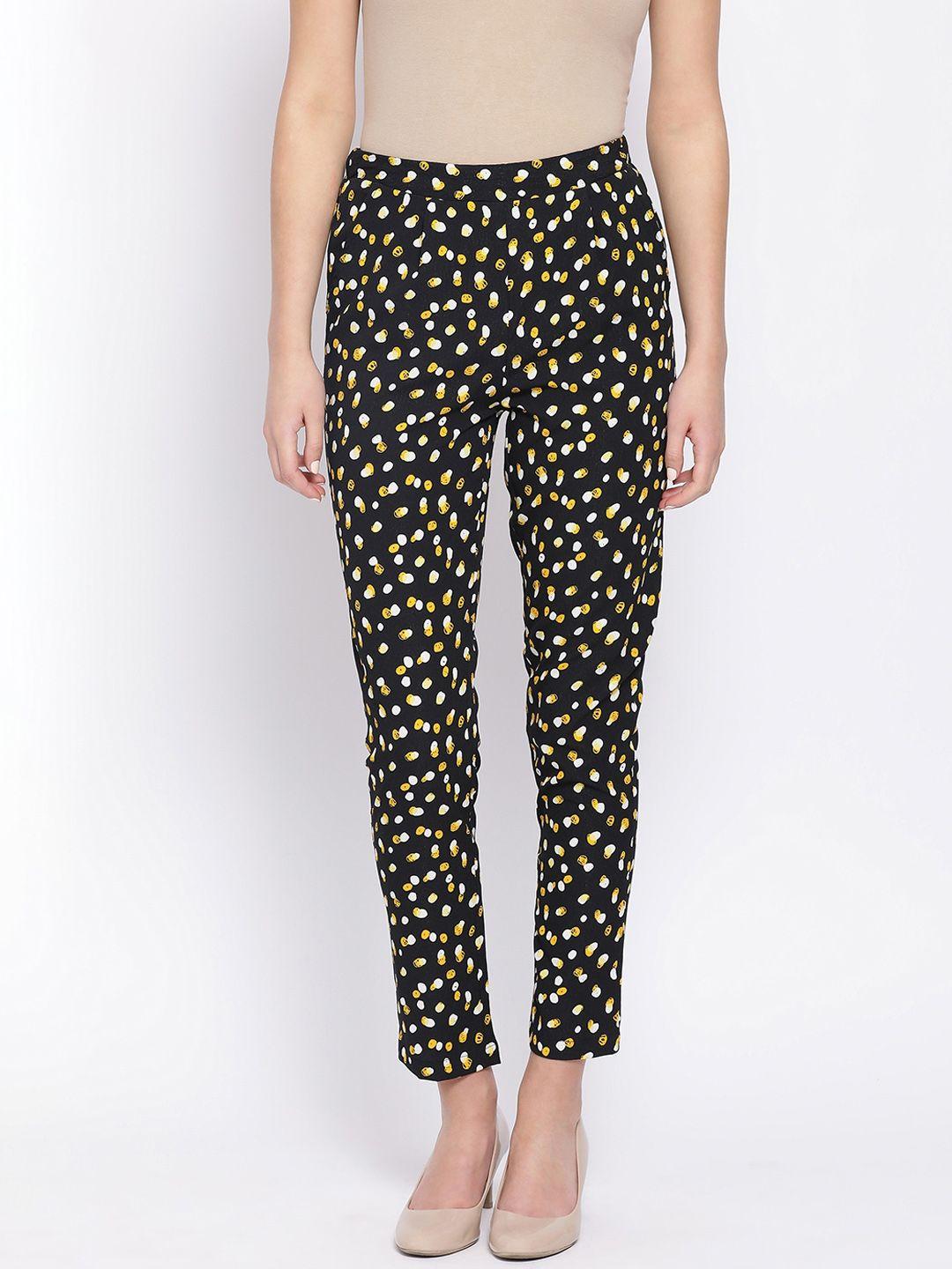 oxolloxo women black & yellow regular fit printed regular trousers