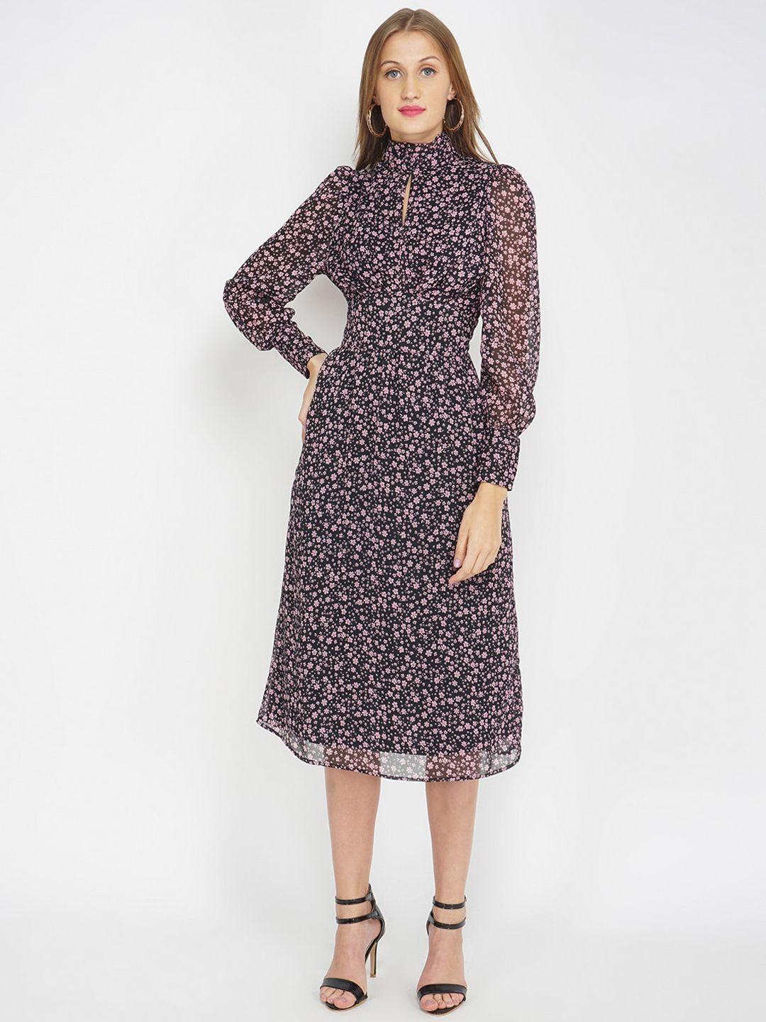 oxolloxo women black and lavender floral printed high neck midi dress