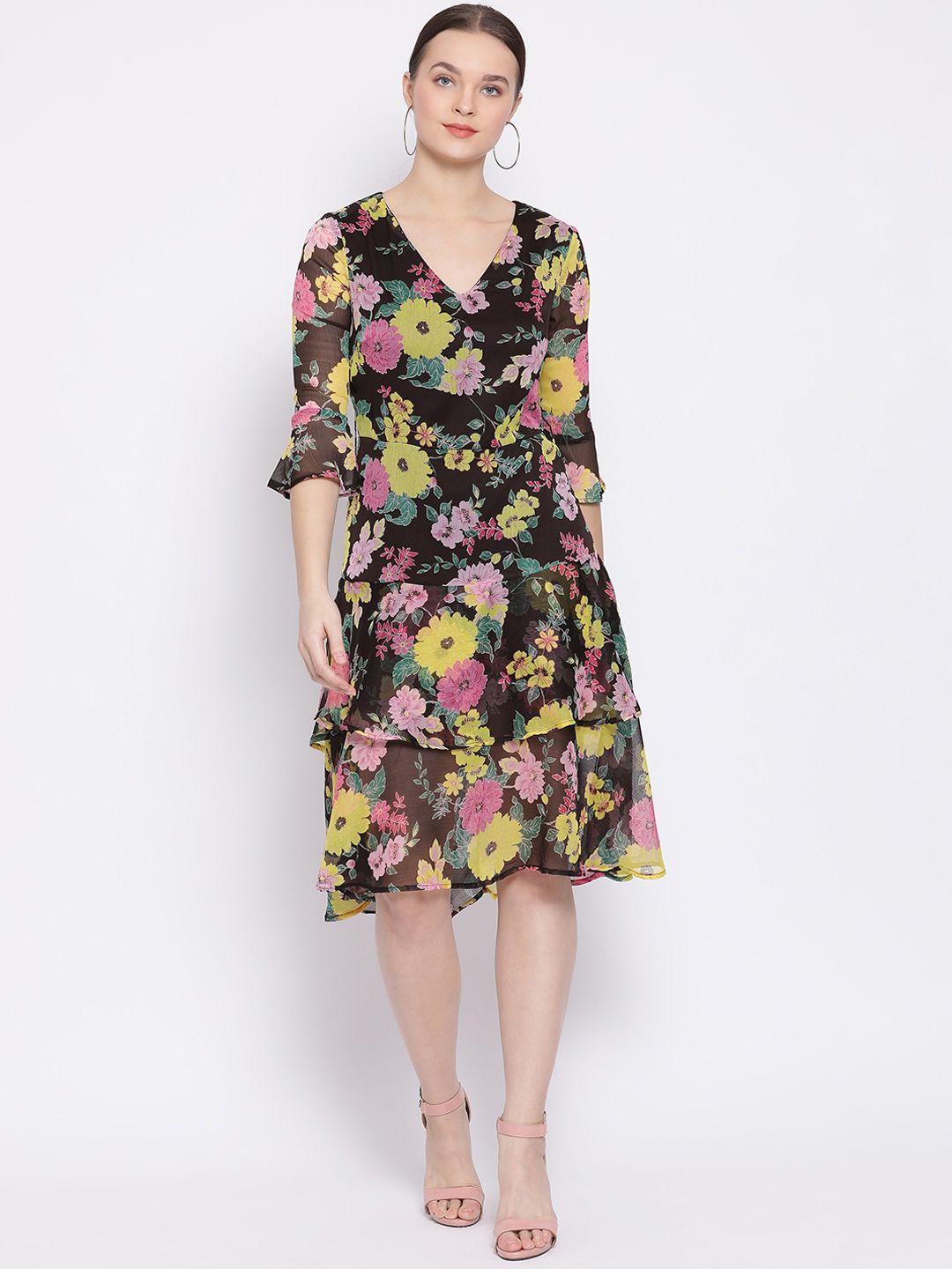 oxolloxo women black floral print fit and flare dress
