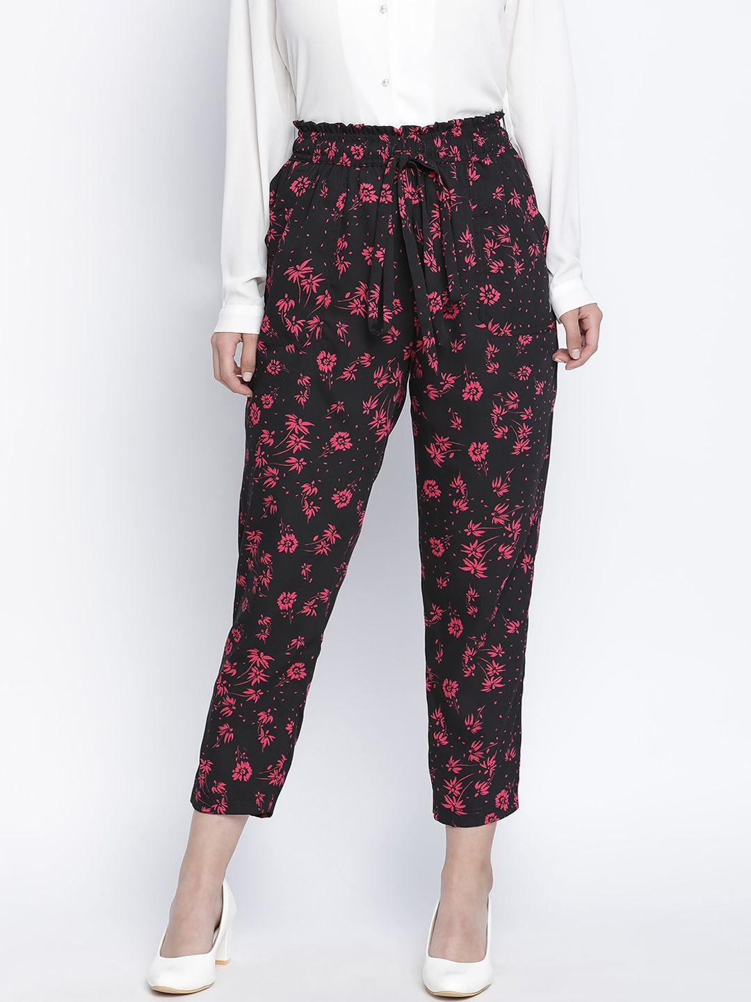 oxolloxo women black floral printed pleated peg trousers