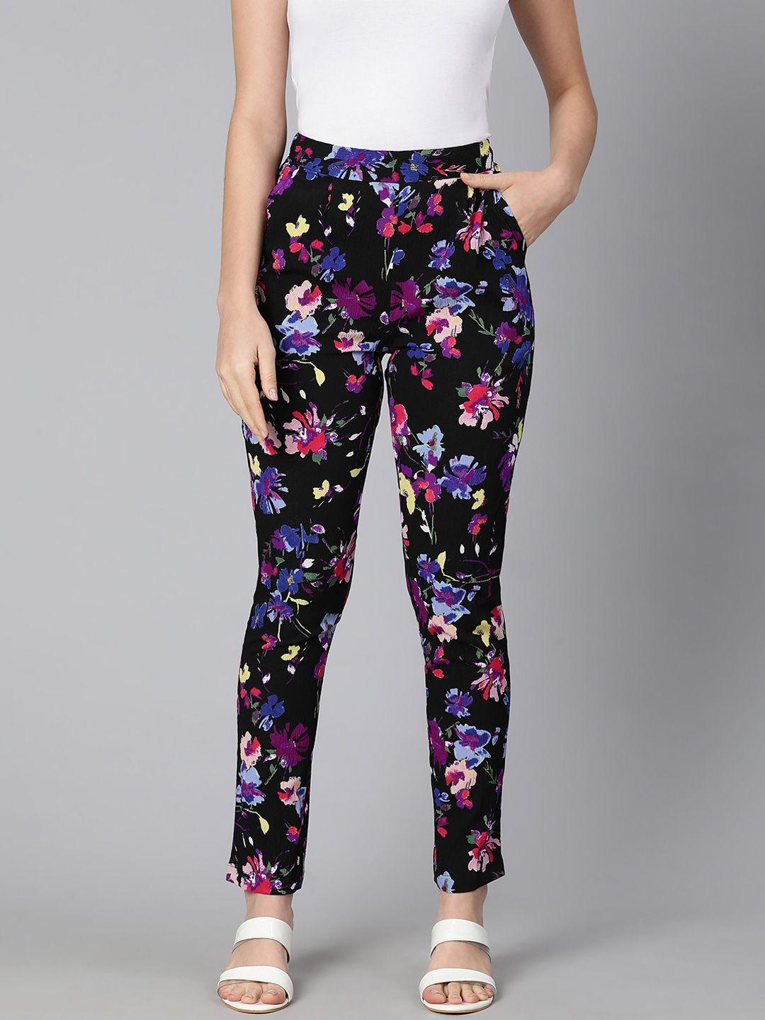 oxolloxo women black floral printed slim fit trousers