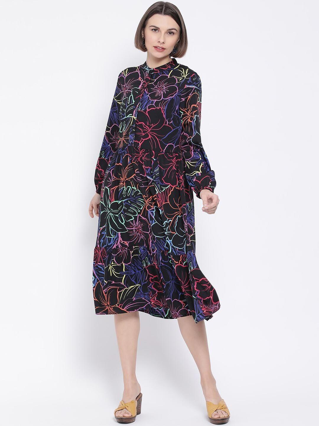 oxolloxo women black printed a-line dress