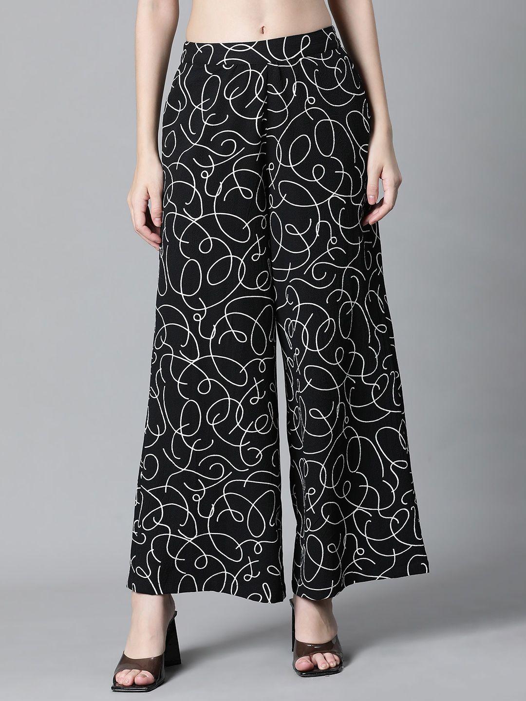 oxolloxo women black printed flared trousers